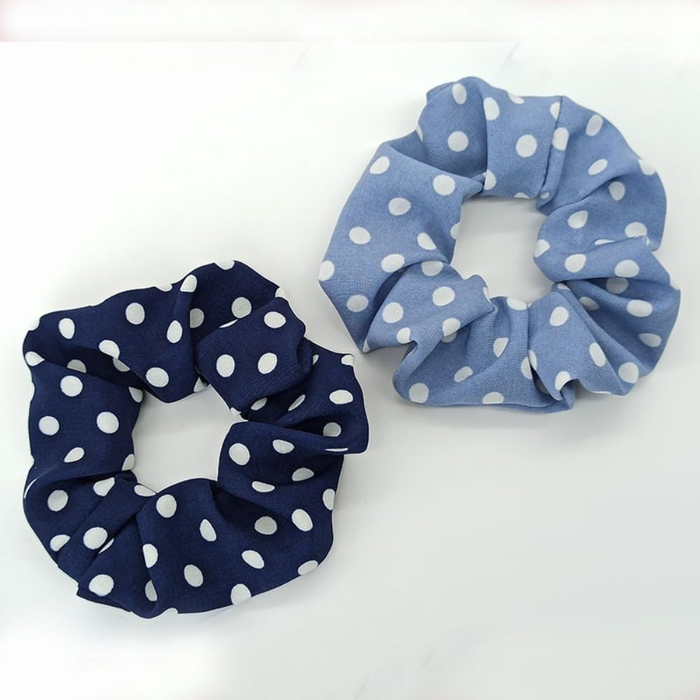 Blausky Pack of 2 12 Cm Polka Dots Hair Bobbles for Women, Soft Elastic Hair Bands, Fabric Hair Band, Scrunchies with Dots, Retro French Hair Accessories for Tea Party, Wedding, Denim Blue