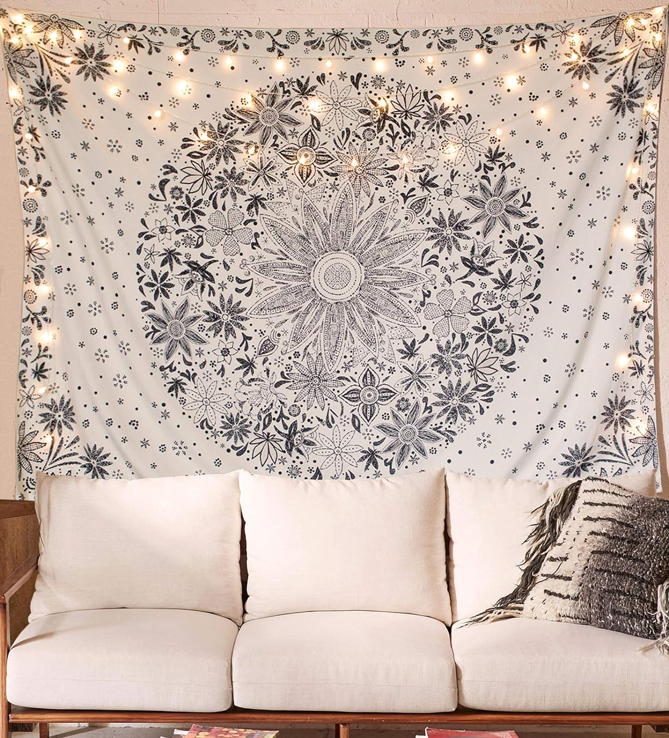 Neasow Bohemian Tapestry Wall Hanging, Black and White Floral Tapestry with Dotted Daisy Medallion Print Bedroom Boho Hippie Home Decor 36&times;48 Inch