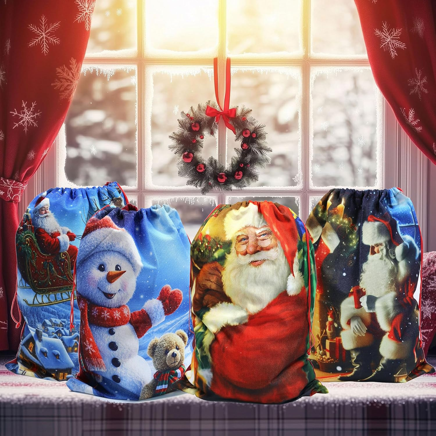 4 Pack Christmas Sacks - 13.8''X19.7''/35X50Cm Medium Hessian Bags. Reusable Burlap Santa Sacks with Drawstring for Xmas Presents & Decorations