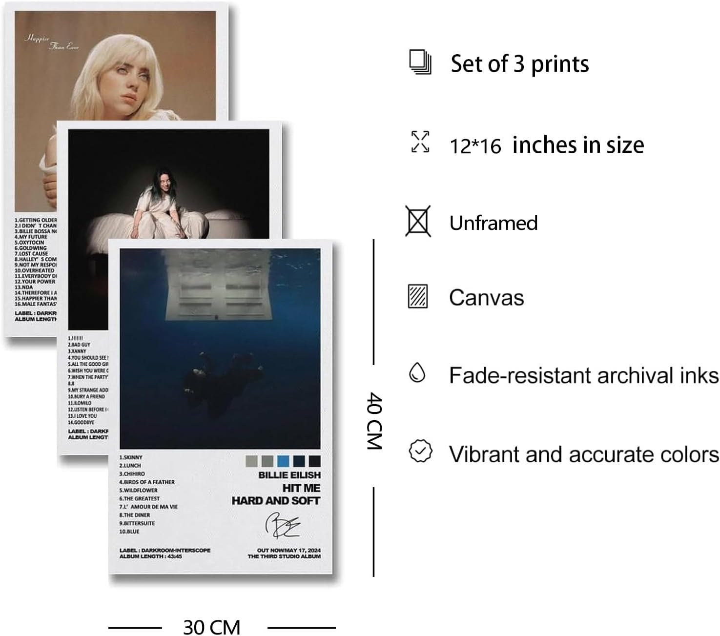 ZIENVE Billie Album Cover Posters, 3 Piece Eilish Print Music Canvas Wall Art Album Cover Signed Limited Posters Aesthetic Home Room Decor, 30 X 40Cm Unframed image number 4