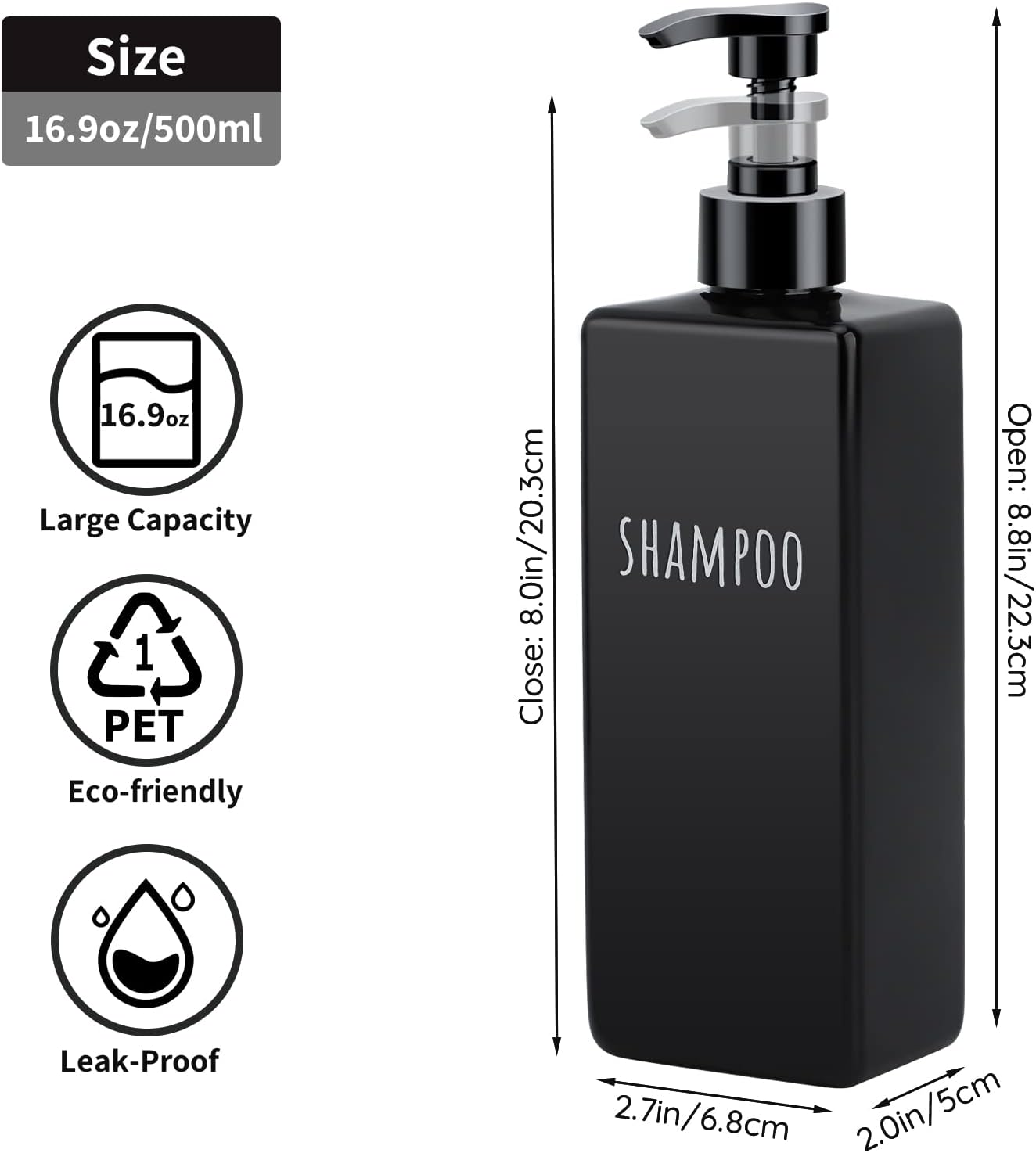 Segbeauty Square Soap Dispenser Black, 3Pcs 16.9Oz Refillable Shampoo & Conditioner Bottles, 500Ml Empty Reusable Plastic Pump Bottle Bathroom Shower Set for Body Wash Liquid Gel Lotion (SBFBA160931) image number 1