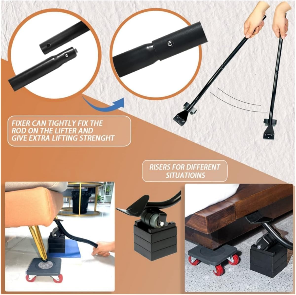 Furniture Lifter Set and Furniture Mover with 5 Wheels & Lifter Set, 360&deg; Rotation Wheels,Furniture Moving Tool, Max up for 260KG for Moving Heavy Furniture, Refrigerator, Sofa, Cabinet image number 4