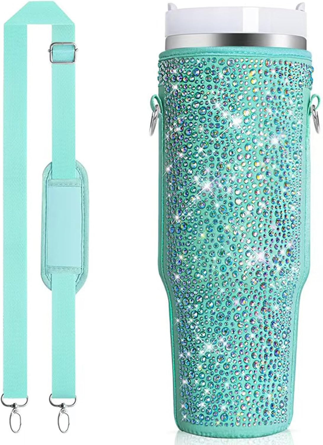 Bling Water Bottle Carrier Bag for Stanley Quencher H2.0 & Adventure 40 Oz Tumbler with Handle, Neoprene Water Bottle Holder with Adjustable Strap for Stanley Cup Accessories (Black)