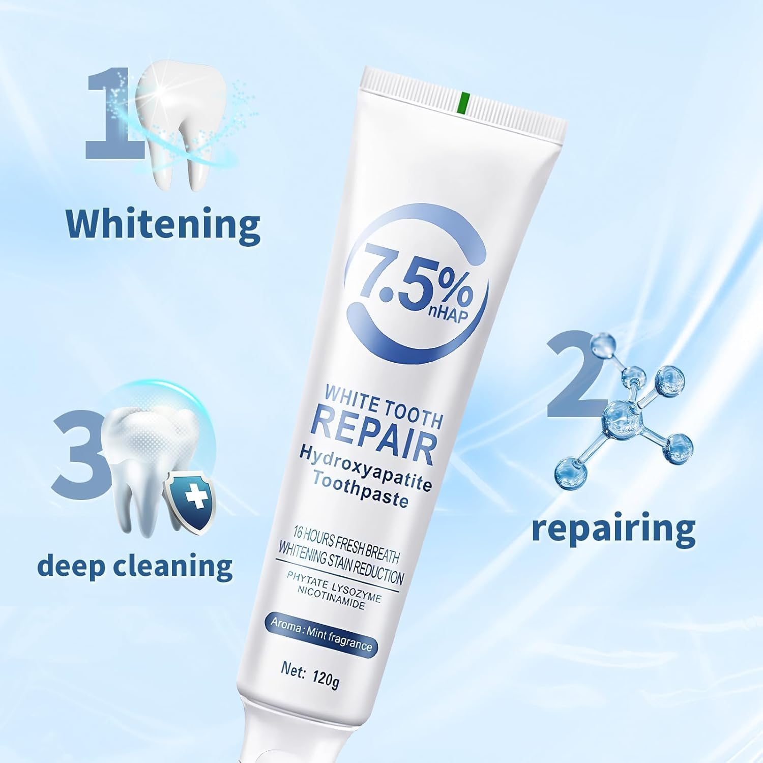 Hydroxyapatite Toothpaste, 7.5% Nano Hydroxyapatite Toothpastes for Enamel Protection and Tooth Strengthening, Gentle Mint, Fresh Breath, Daily Use for Oral Health, 4.23Oz (1) image number 5