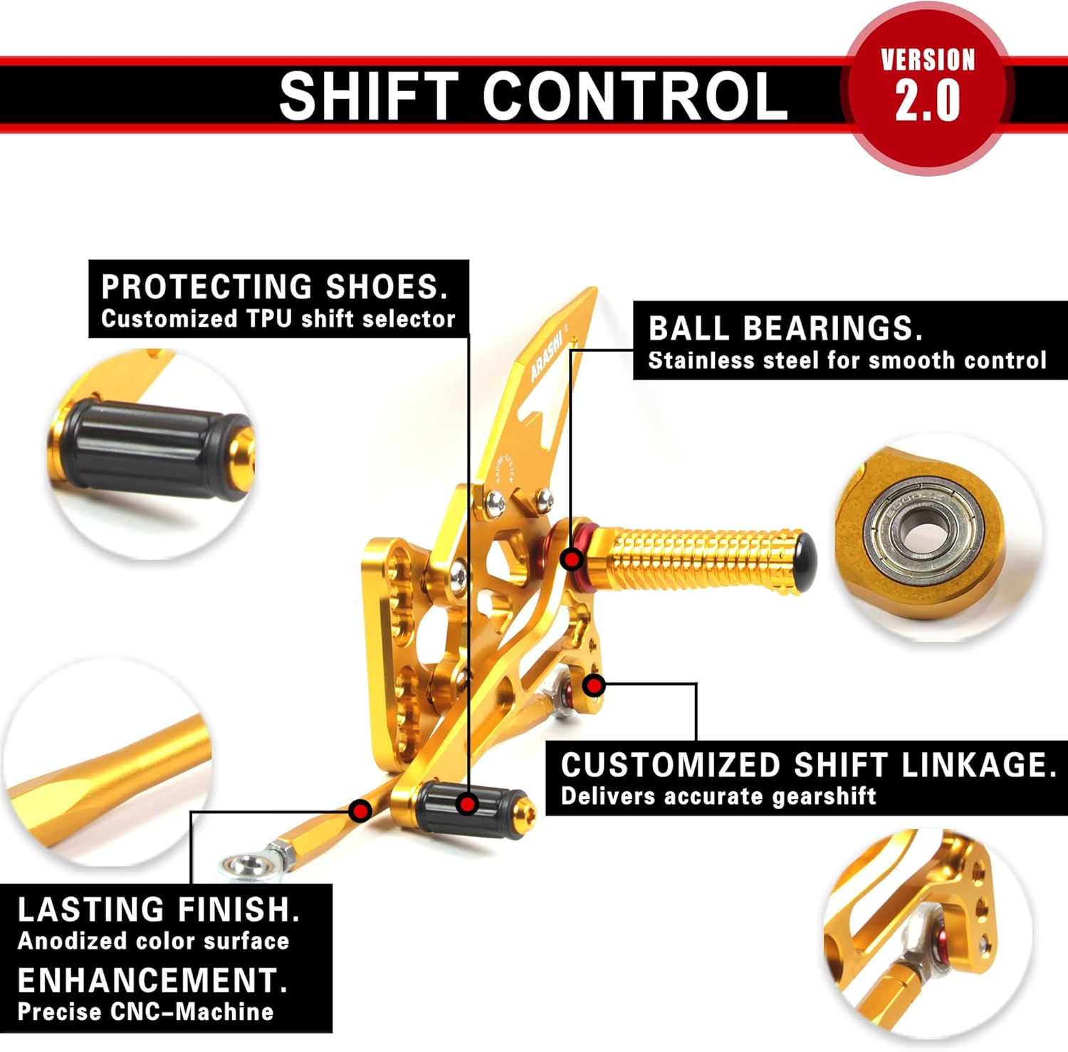 Arashi Version 2.0 Adjustable Rearsets for Yamaha YZF R1 2009-2014, Gold image number 5