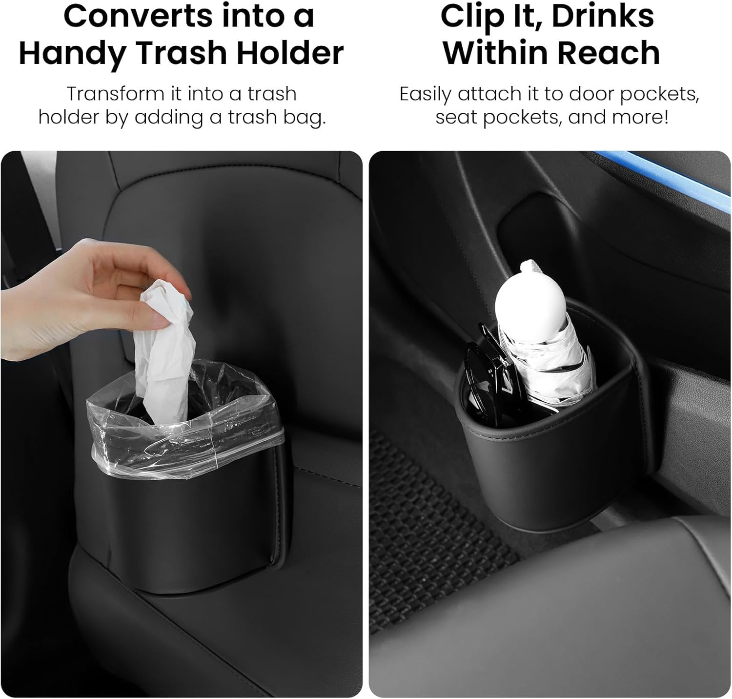 2 Pack Large Cup Holder for Car Door Pocket Seat Clip on Beverage Drink Holders Organizer Scratch-Resistant PU Leather Black image number 3