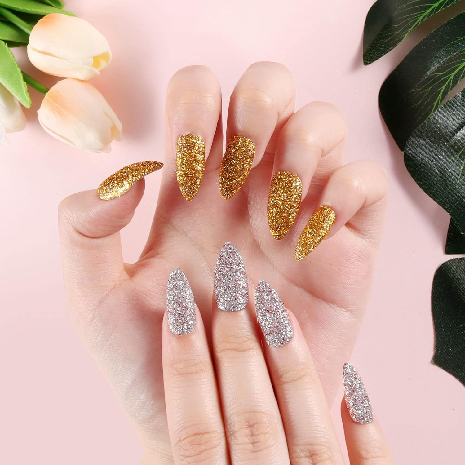 96Pcs Stiletto Fake Nails Full Cover Chrome Powder Glitter Bling Flakes Sequins Medium Length False Acrylic Nail Kits（Gold and Silver Glitter Series） image number 1