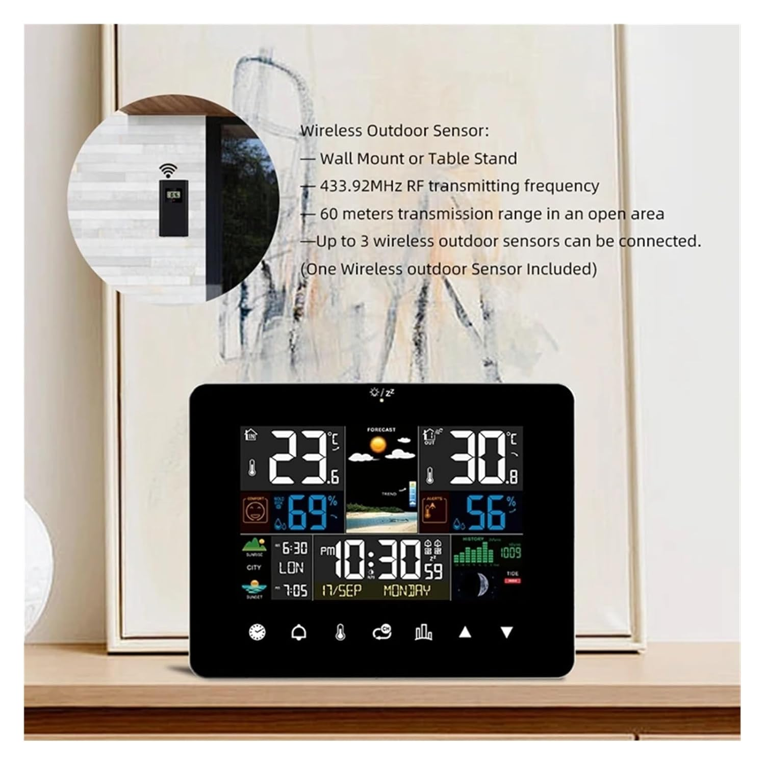 Touch Screen Weather Station Table Moon Phases Tides Barometer Temperature Humidity Monitor Wall Clock Sun Time Forcast Sensor image number 5