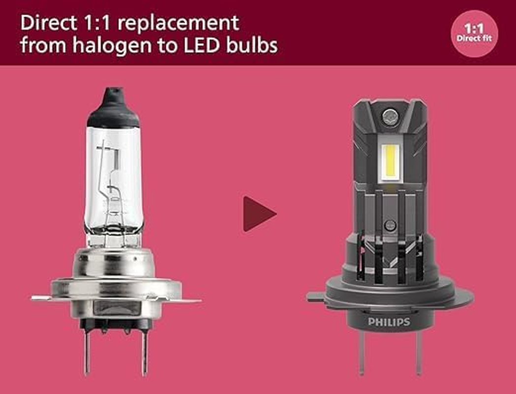 Philips H11 LED Headlight, 6000K Automotive Bulb, Halogen Bulb Equal Size, Easy Installation, 2 Pieces
