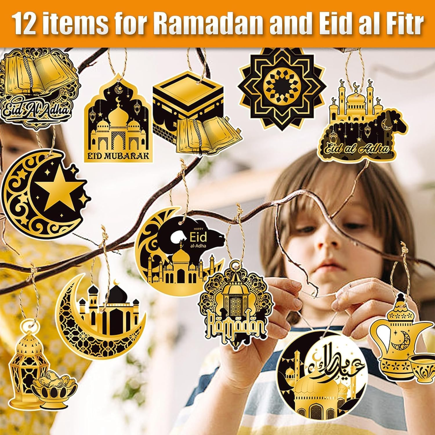 Ramadan Mubarak Garland - Eid Decorations, Hanging Ornaments with Shining Black Gold Star Moon Lantern for Home Decor, Kareem, Al-Fitr Party Supplies image number 6