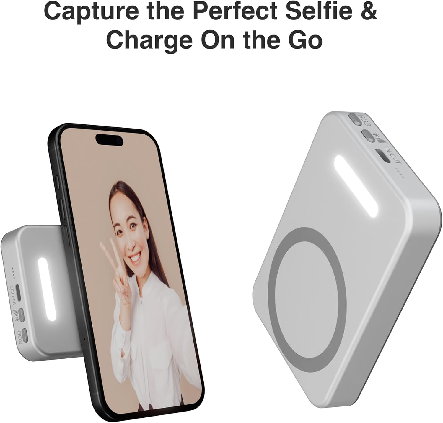 Laser Chargecore Selfie Light Mag-Safe Battery Pack, 5000Mah Wireless Magnetic Power Bank, 27 Colour LED, 15W Portable Charger with USB C Cable Charging - Compatible with Iphone 16/15/14/13/12 Series image number 1