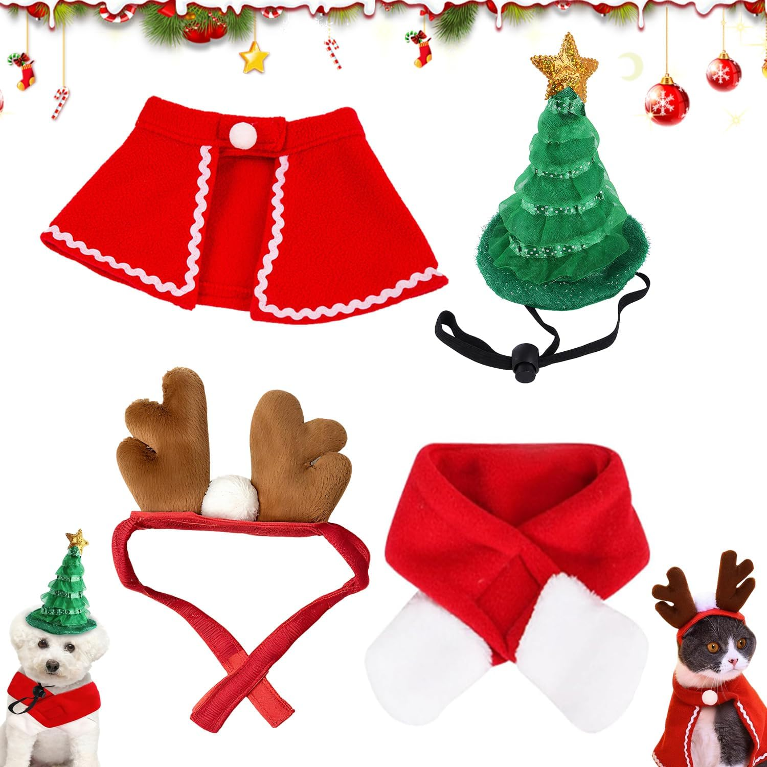 Christmas Cat Clothing, Pack of 4 Pet Christmas Costume Accessories, Cats Christmas Hat and Scarf, Funny Antlers, Christmas Hats, Adjustable Cape, Scarf, for Dogs, Cats image number 6