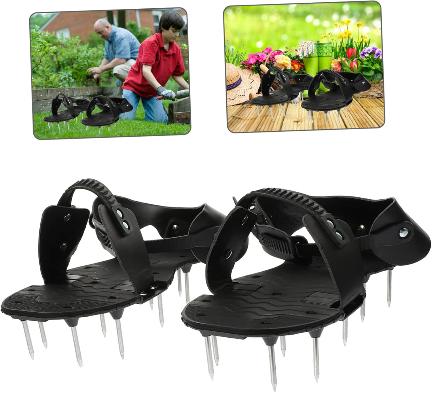 BCOATH Lawn Aerator Shoes Gardening Spike Sandals for Grass Aeration Adjustable Straps Black Pu Leather Aerator Tool for Backyard and Garden Soil Oxygenation