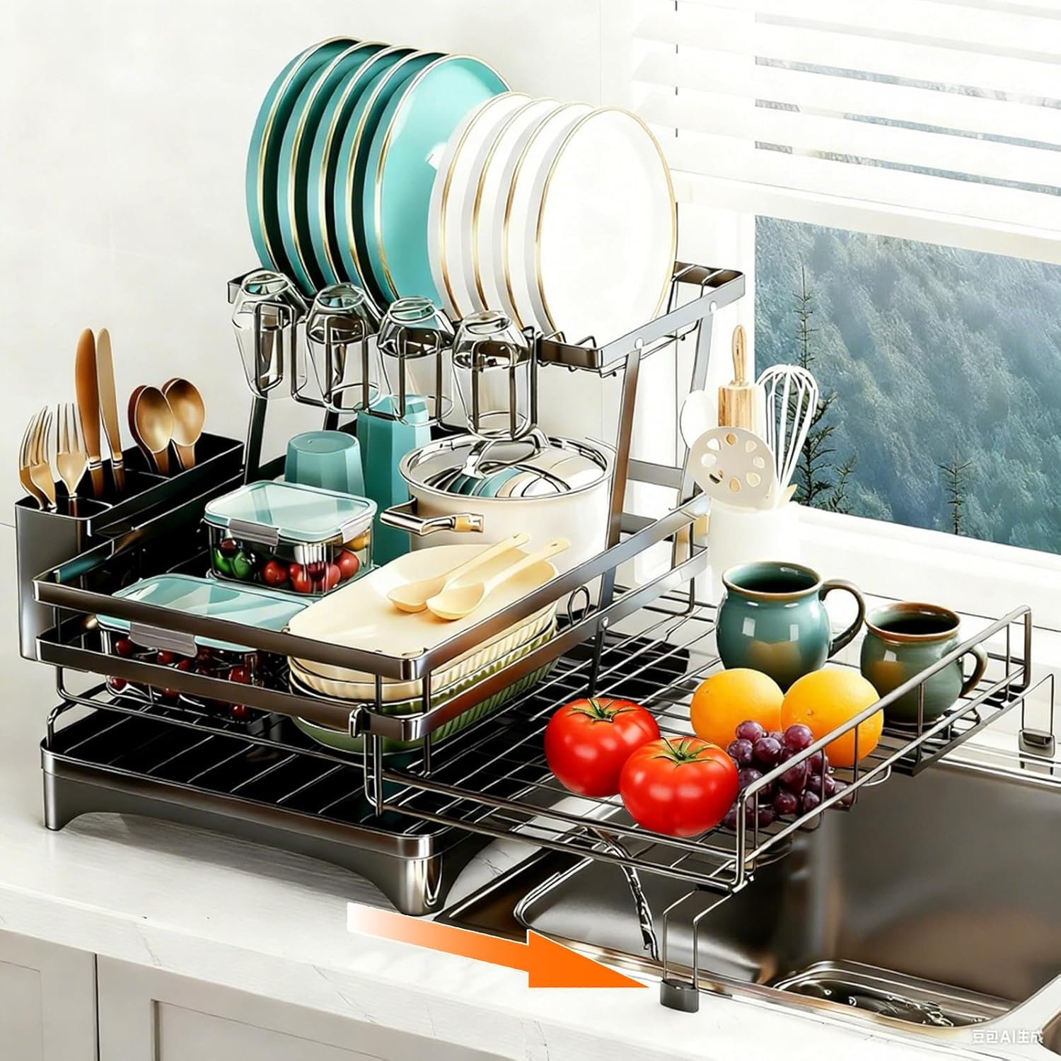 Expandable 2-In-1 Dish Drying Rack, 2-Tier Dish Rack with 360&deg; Rotating Drainer Board, Carbon Steel Dish Drainerwith Cutlery Utensil Rack & Holders for Kitchen Storage & Organisation