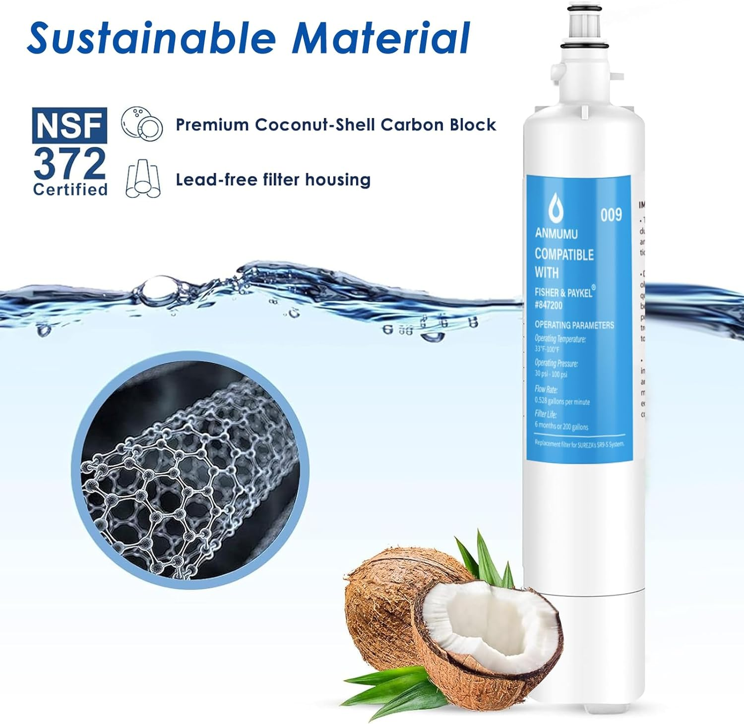 Anmumu 847200 Refrigerator Water Filters for Fisher & Paykel Refrigerators,Nsf 42 Replacement Forfisher & Paykel 847200,E522, E422, E402,4 Pack image number 5
