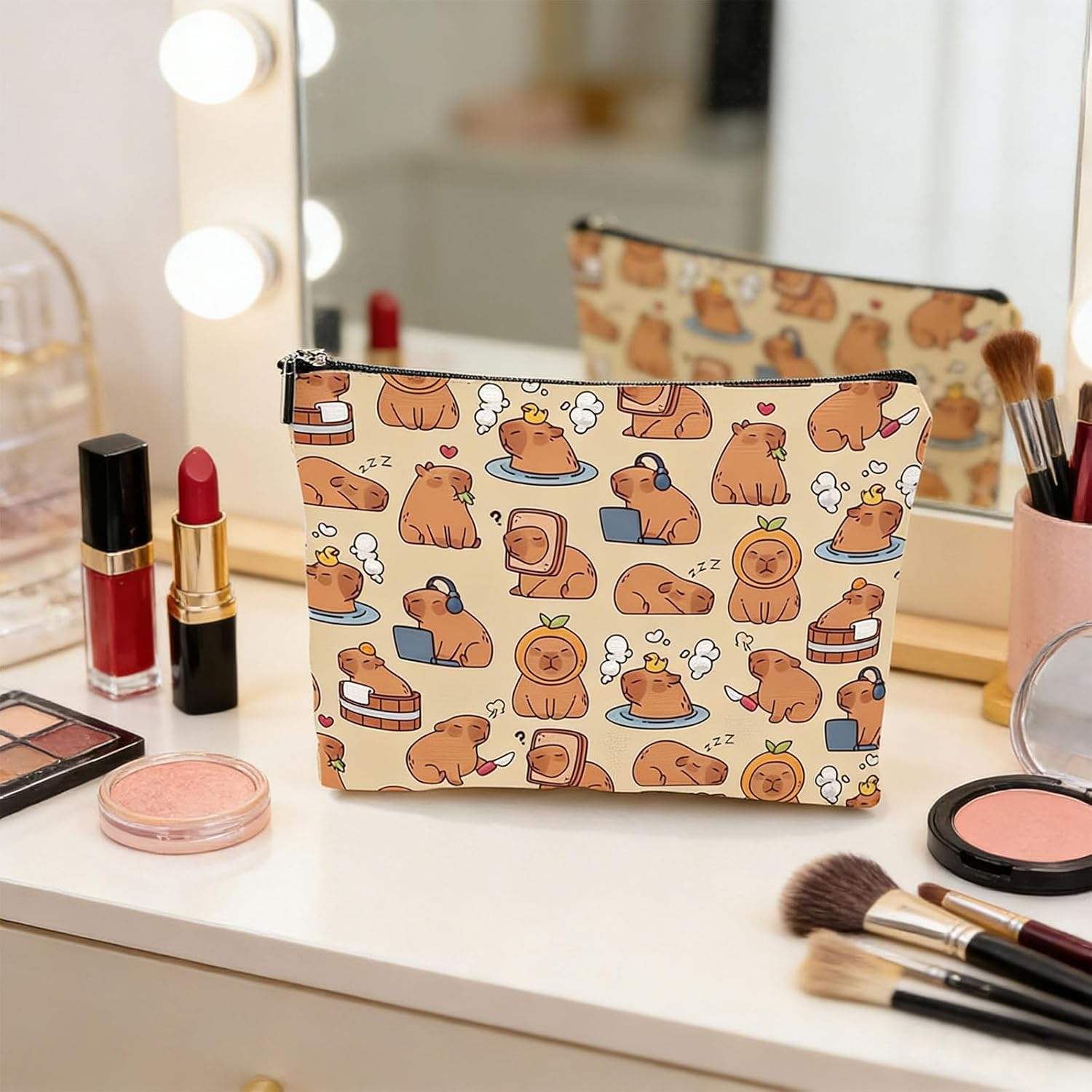 FOSDICK 2 Pieces Capybara Makeup Bag, Linen Make up Bag, Cute Capybara Cosmetic Bags, Portable Makeup Bags, Makeupbag with Zipper, Make up Pouch for Cosmetics, Toiletries, Gifts for Women Girls image number 1