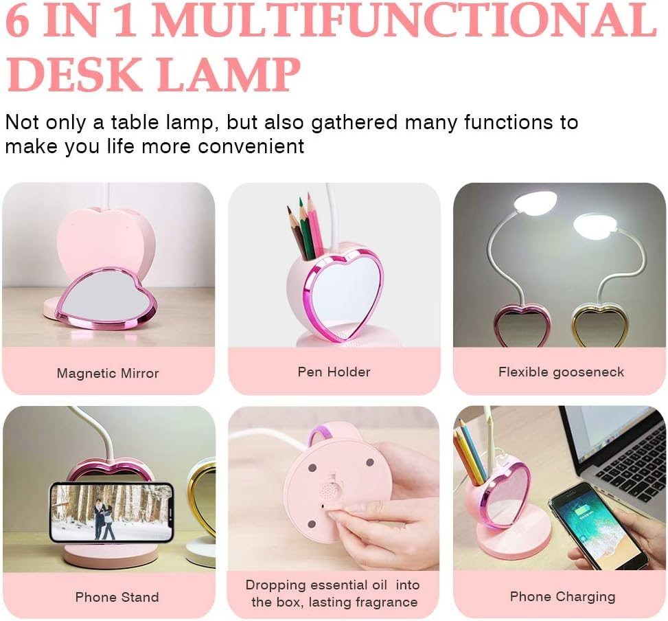 LED Desk Lamp, Cute Pink Desk Lamp with USB Charging Port/Pen Holder and Phone Stand, Touch Control Reading Lamp with 2 Color Modes,Eye-Caring Study Table Lamp for Kids Girls College Dorm Bedroom image number 6