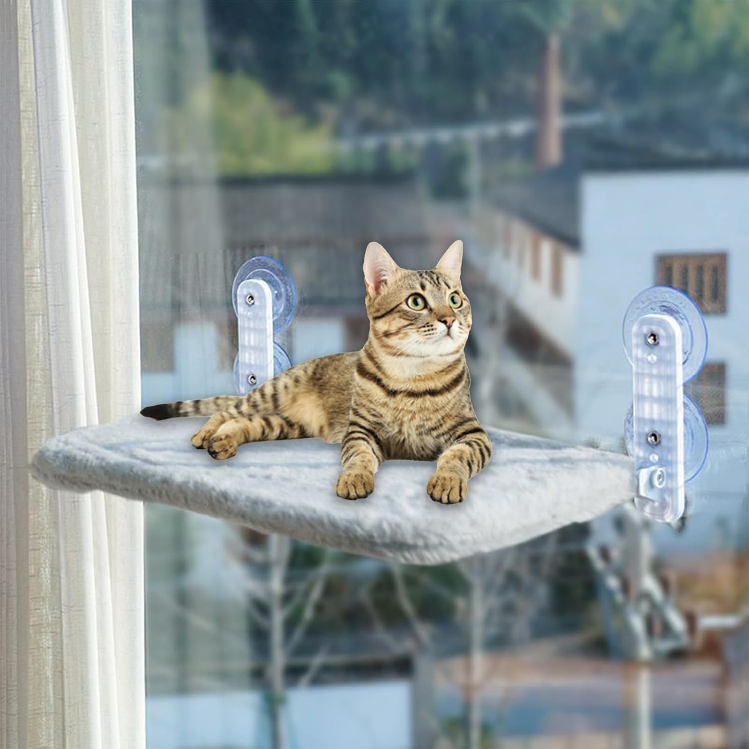 Cat Window Perch, Cordless Cat Window Hammock Bed, Solid Metal Frame, with 4 Strong Suction Cups, Foldable Cat Seat for Indoor Cats Sunbathing, Napping & Overlooking image number 4