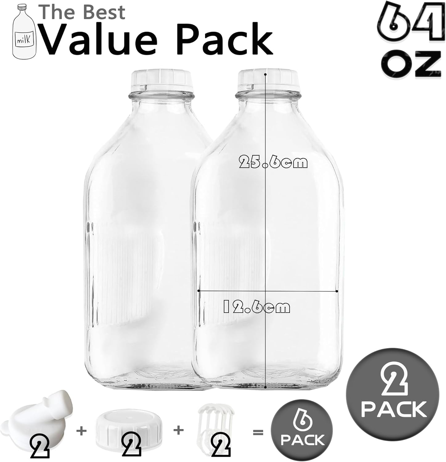 64Oz/2L Glass Milk Bottle with Dispenser Cap, 2 Pack Glass Juice Bottles - 2 Airtight Screw Lid & 2 Silicone Sealing Gaskets & 2 Carry Handles, Jug Pitcher, Water, Syrup, Honey, Buttermilk (64Oz)