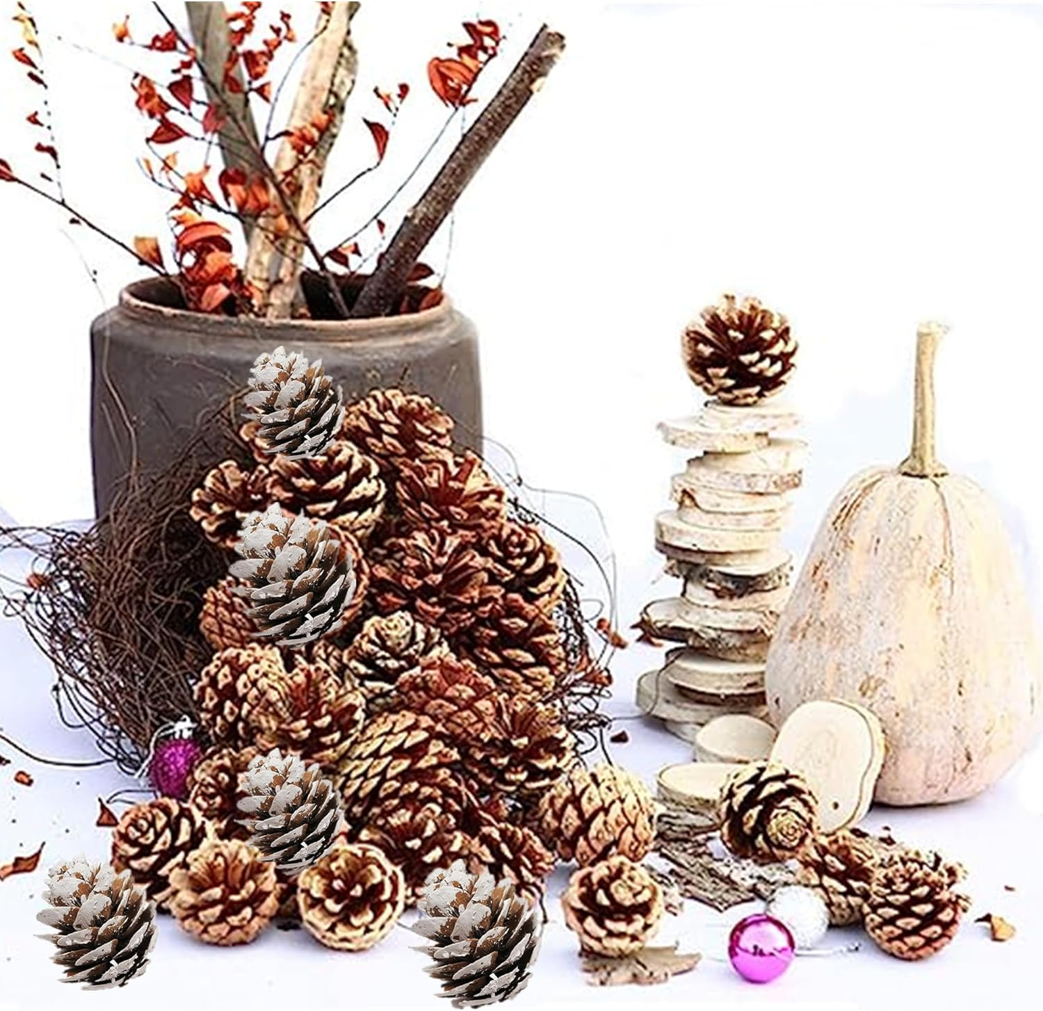 180 PCS Rustic Mini Pine Cones, White Christmas Snow Pinecones Ornaments,Wood Frosted Pine Cone Ornaments for Thangksgiving, Christmas, Autumn, Home, Party,Decorations,Diy Crafts and Gifts image number 2