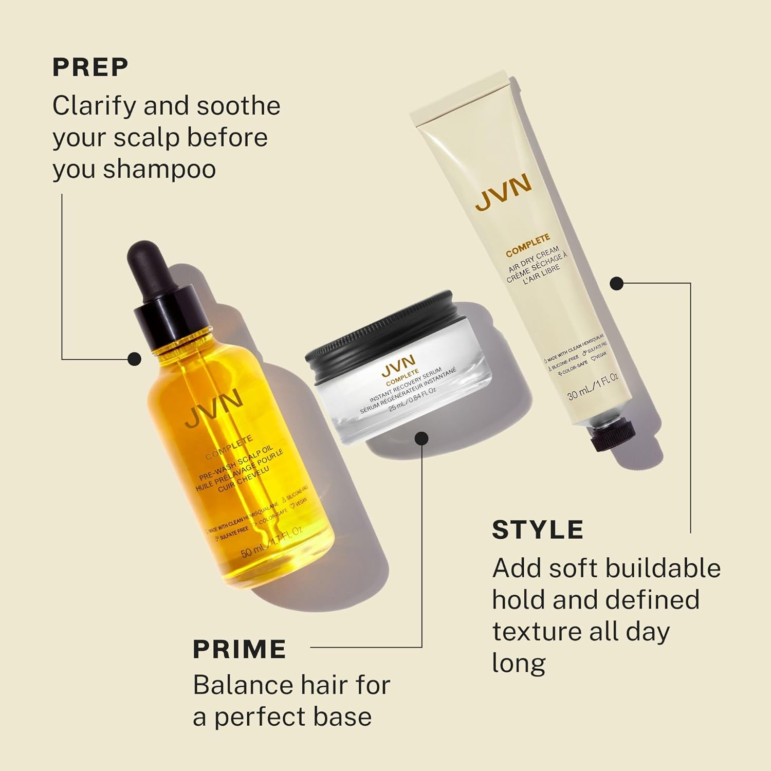 JVN Trusted Trio Essentials Set Travel - Mini Complete Size Air Dry Cream, Full Size Complete Pre-Wash Scalp Treatment Oil, and Travel Mini Complete Instant Recovery Heat Protectant Leave-In Serum image number 3