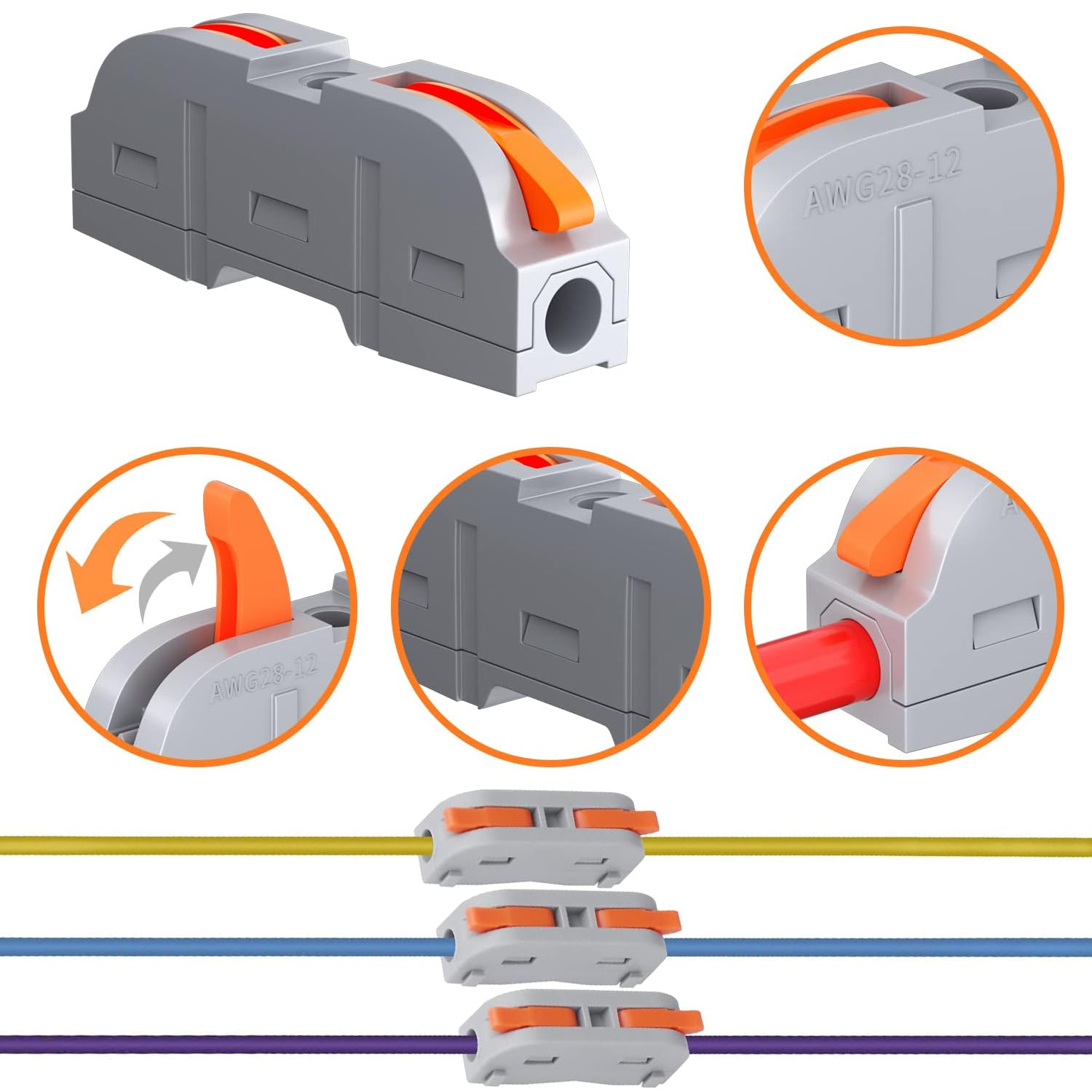 Aikoolwer 36PCS Conductor Compact Connectors Lever Wire Nuts Electrical Connection Blocks Wire Terminals for Any Circuit Inline Splices 28-12 AWG SPL-1 Clamp Actuation Lever Bilateral image number 6
