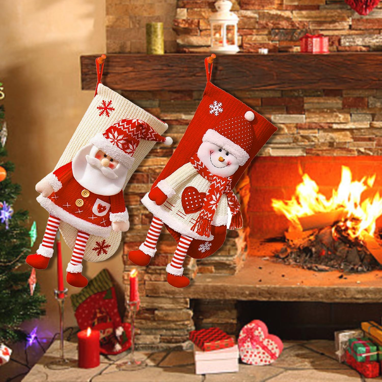 20 Inch Christmas Stockings Set, Large Personalized Christmas Stockings 2 Pack, Knitted Santa Snowman Socks 3D Pattern, Eve Candy Stocking Gifts Bag for for Holiday Xmas Party Decorations image number 5