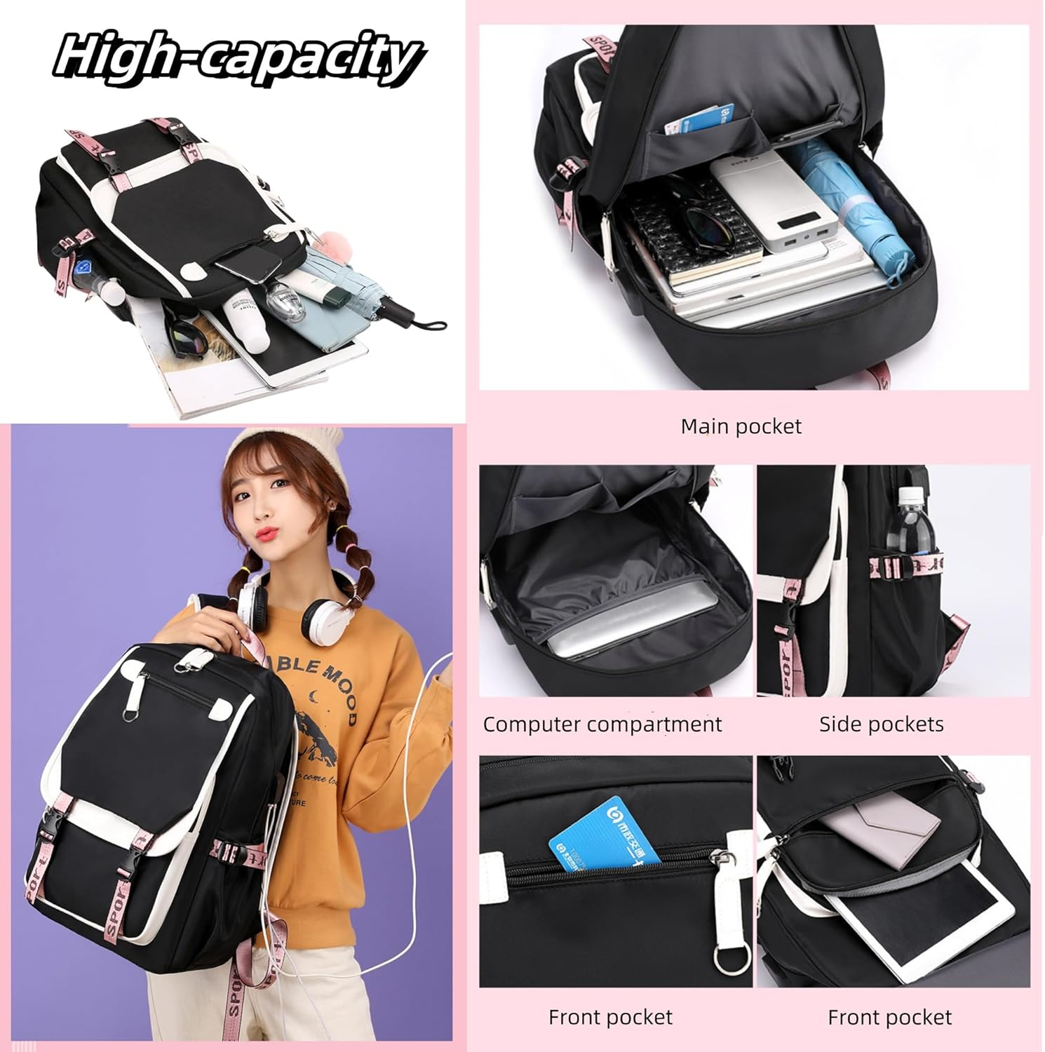 Backpack for Girls Casual Daypack Nylon Waterproof Kids Elementary Middle Schoolbag Children Bookbag - Black+Pink image number 4