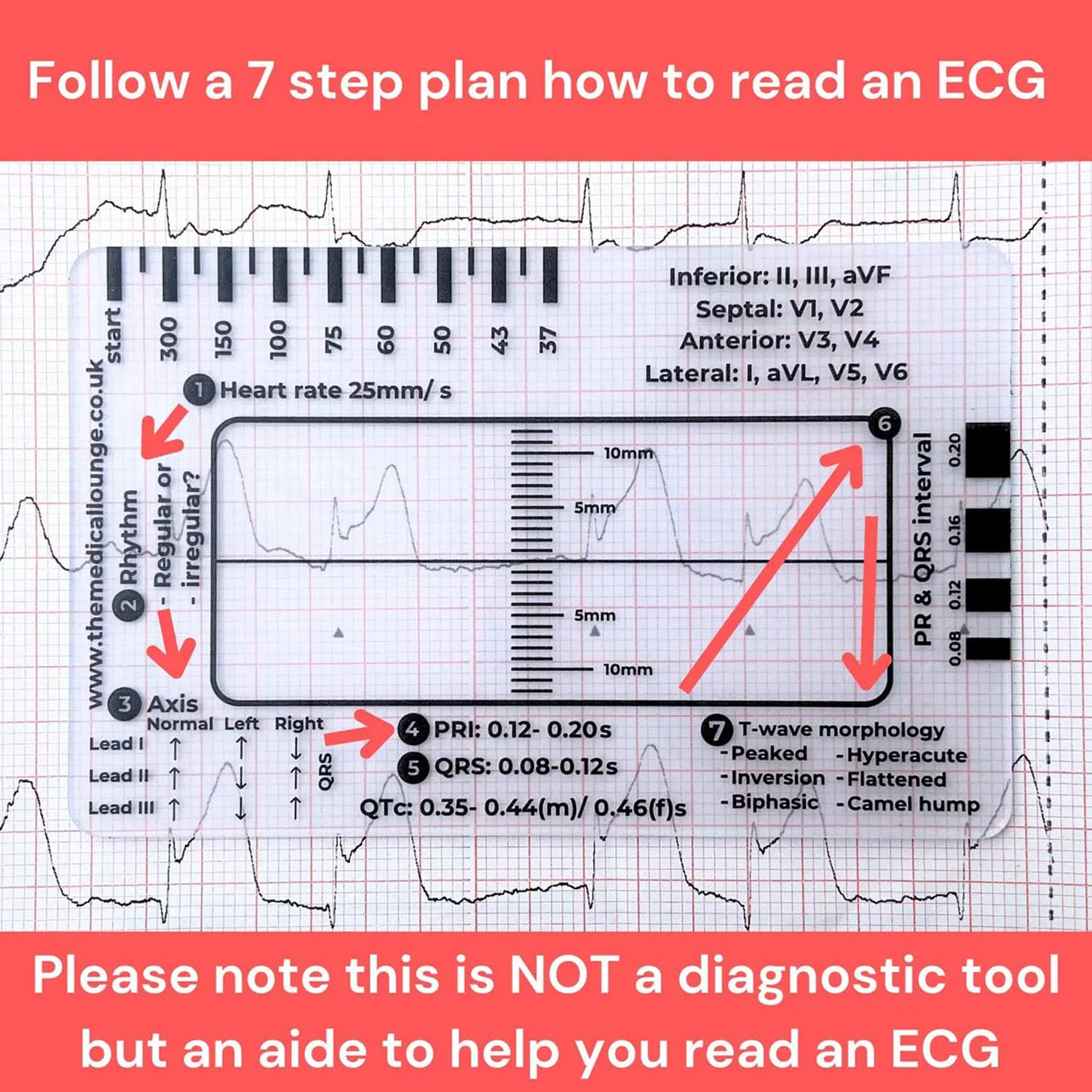 ECG 7 Step Ruler, ECG/EKG 7 Step Ruler Card for ECG/EKG Interpretation, Portable Pocket ECG EKG Card Ruler ECG Reference Guide with Protect Sheath, ECG/EKG Assessment Tool(1Pcs) image number 4