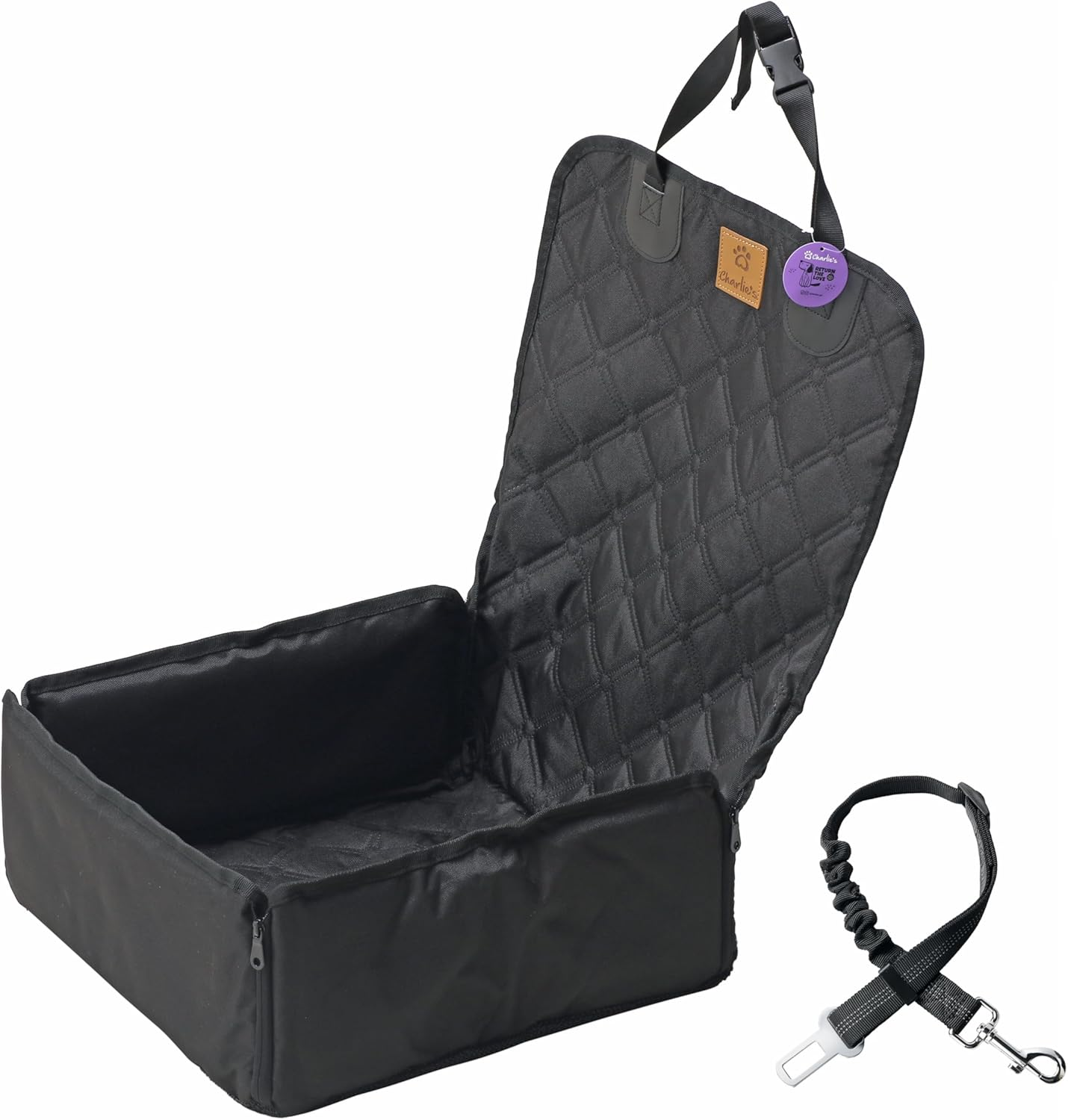 Charlie'S Adventure Durable Water-Resistant Fabric Pet Dogs Car Seat Protector Safety Belt with Convenient Pocket Storage Travel Essentials Compact Portable Comfy and Cosy - Front Seat Cover Black image number 2