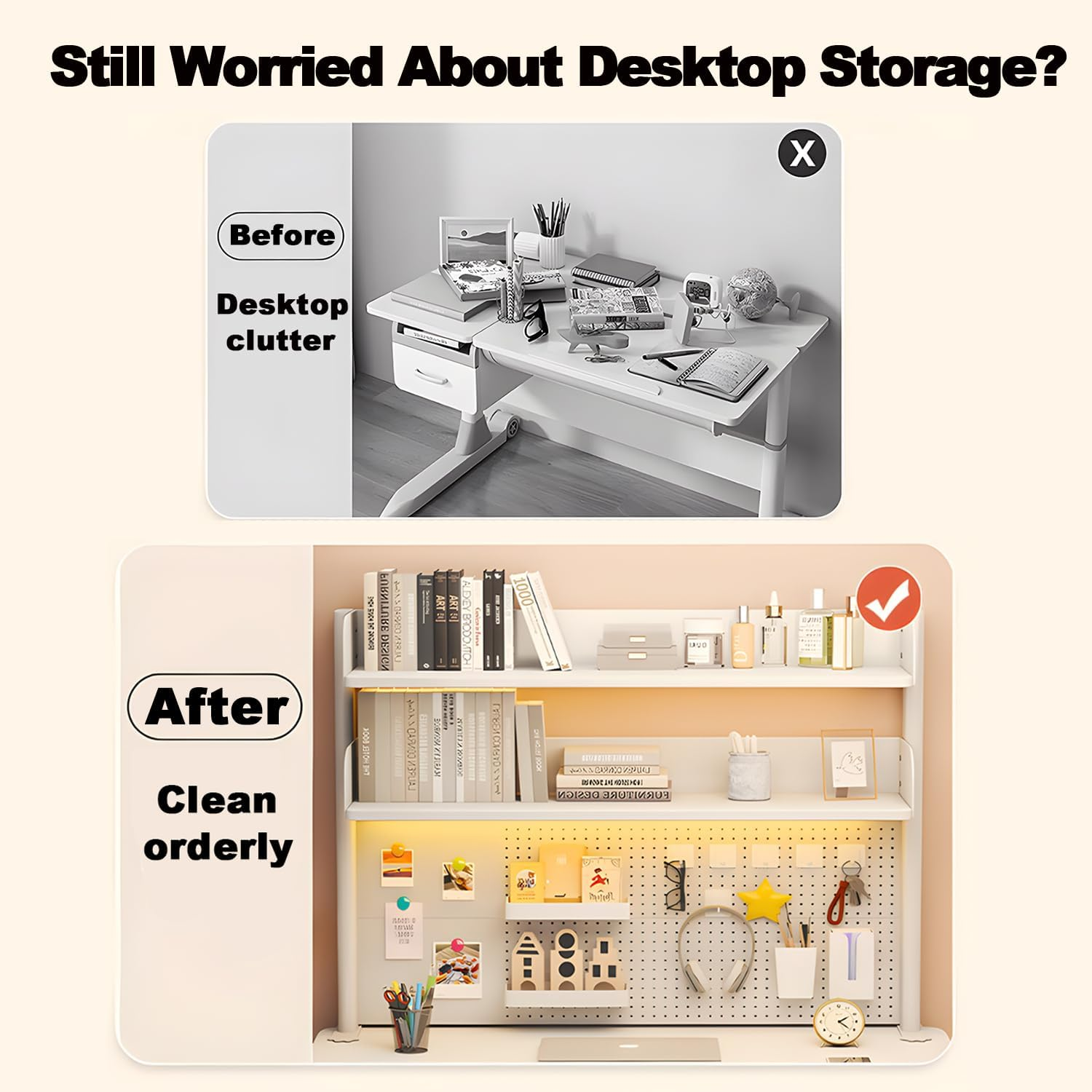 AIMANWEI Clamp-On 31.5 Inch above or below Desk 3-Tier Shelving, Desk Organizer Shelf for Office Accessories, Gaming Devices with 20 Pieces Storage Accessories (White) image number 3