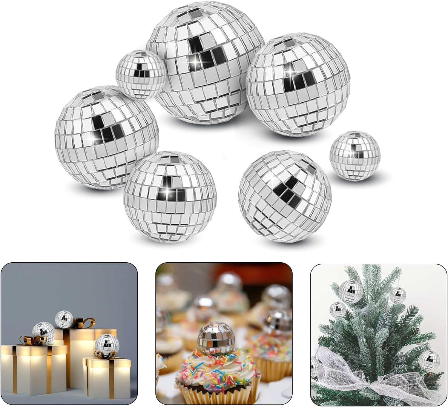 7PCS Disco Ball Cake Topper, Disco Ball Cake Decorations Different Sizes, 70S Disco Themed Dance Party Supplies, Small Disco Balls for Cake Dessert Accessories Disco Party Ornament (Silver) image number 2