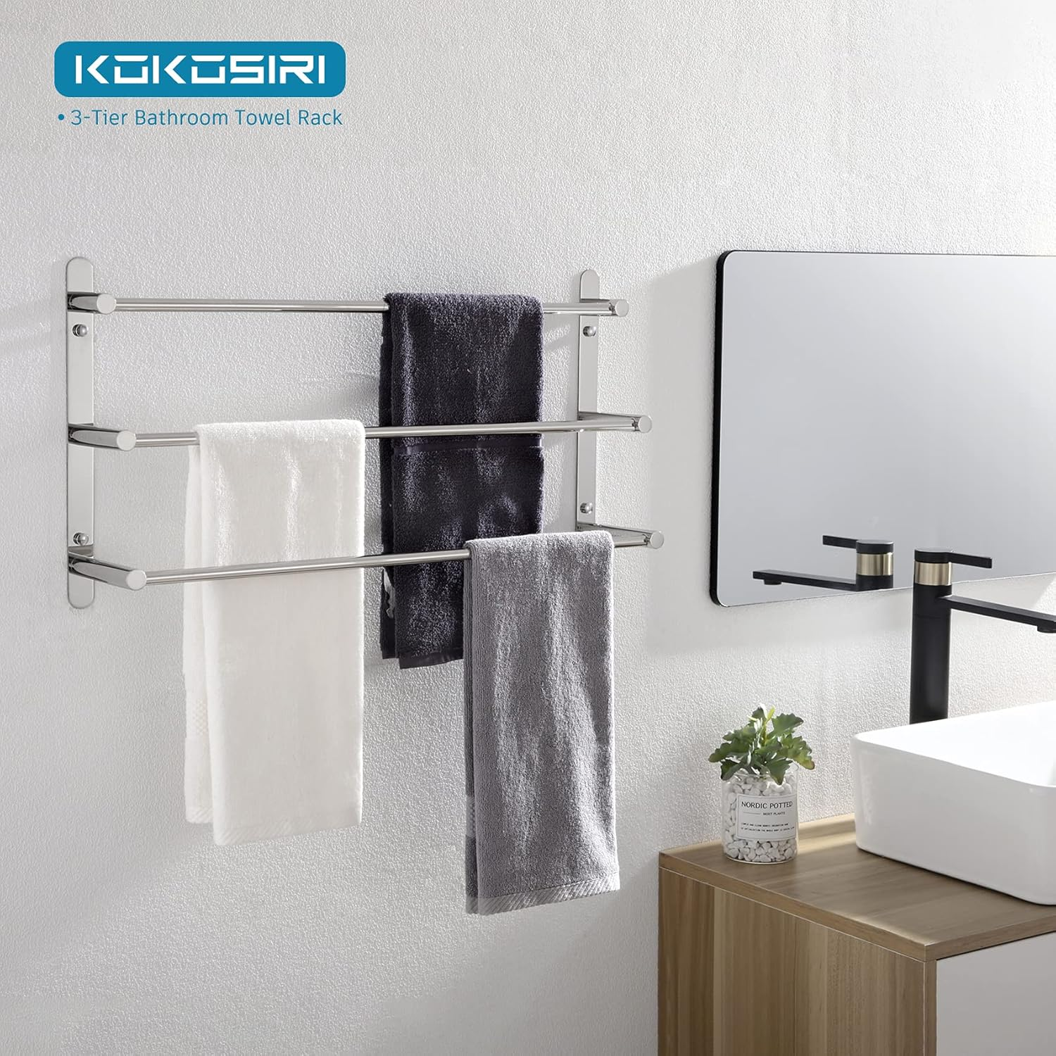 KOKOSIRI Bath Towel Bars Bathroom 3-Tiers Ladder Towel Rails Wall Mounted Towels Shelves Rack Stainless Steel, Polished Chrome, B5002CH image number 7