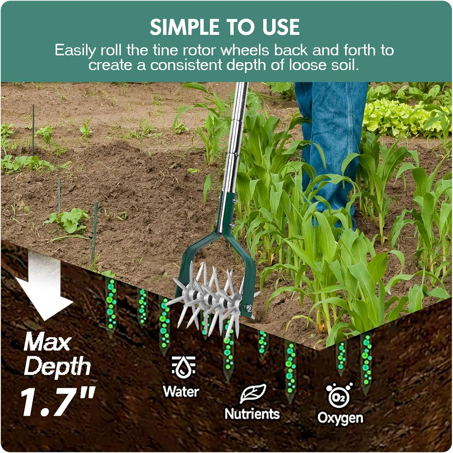 Rotary Cultivator Tiller Adjustable S/S Handle Rotary Tiller with Detachable Solid Metal Tines Garden Cultivator Lawn Tiller and Manual Tiller for Loosing and Mixing Soil