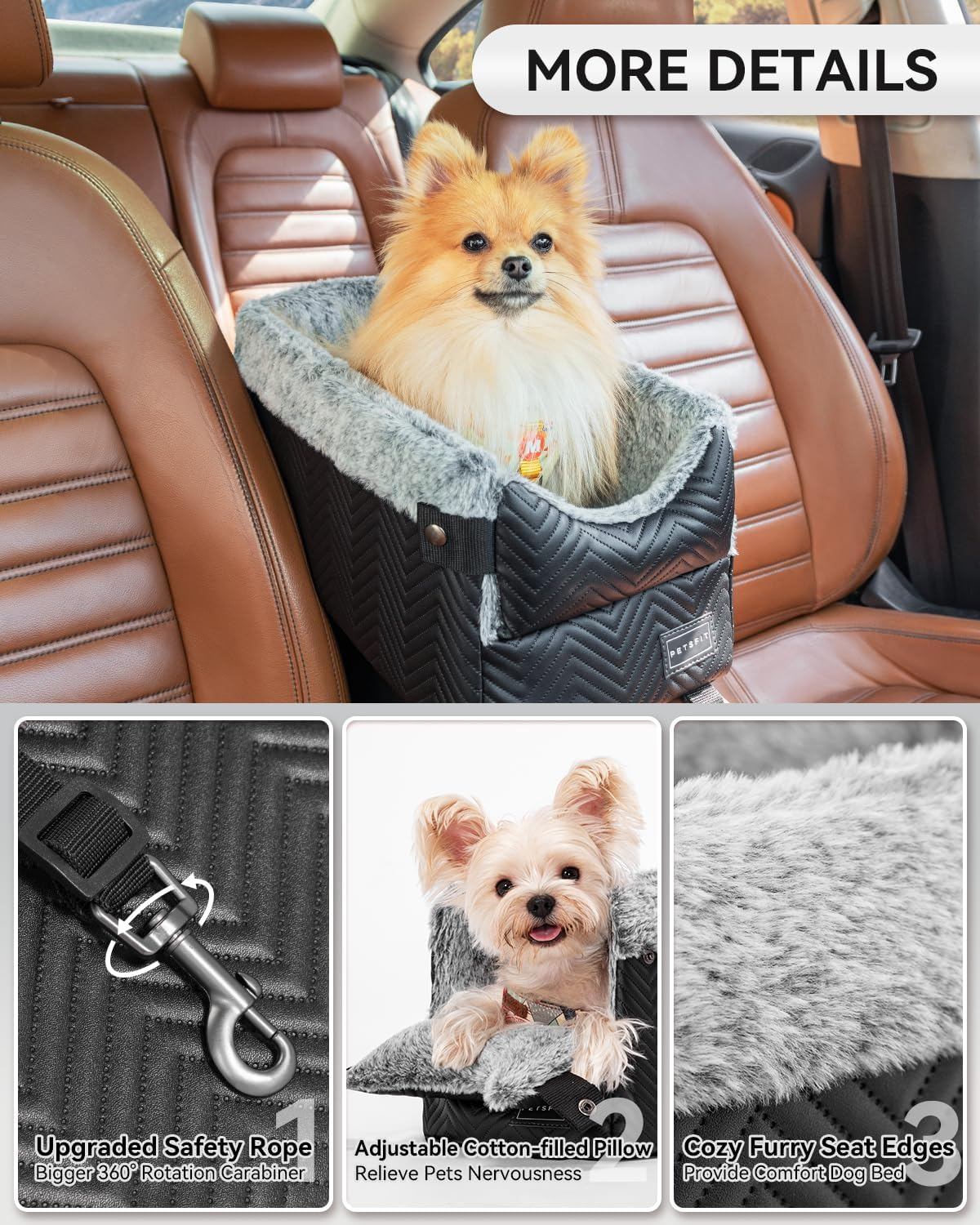 PETSFIT Center Console Dog Car Seat with Safe Protection Hooks, Upgraded Safety Tethers, Washable Cushion, Console Dog Seat for Small Dogs up to 9 Lbs image number 6
