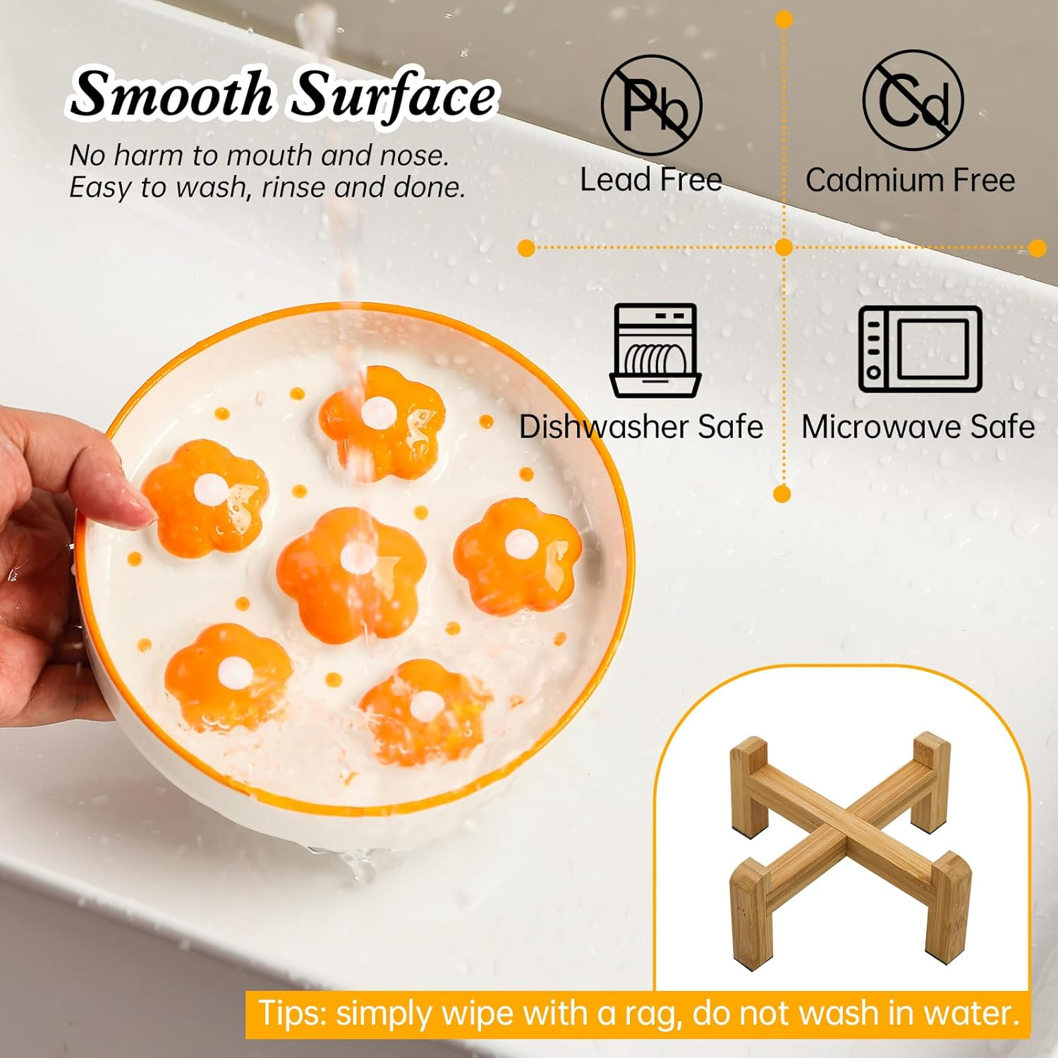 Elevated Slow Feeding Cat Bowl - Raised Anti-Slip Bamboo Stand - Colorful Maze Cat Dish - 6 OZ - Bright Orange Flower