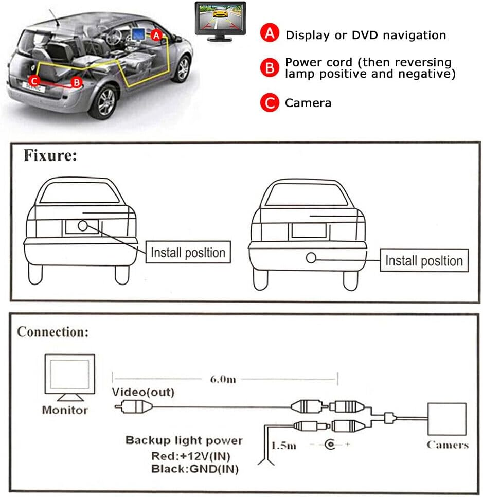 Tootoo 4.3" HD Monitor Reverse Camera Rear View Backup Parking Cam Kit Night Vision image number 4