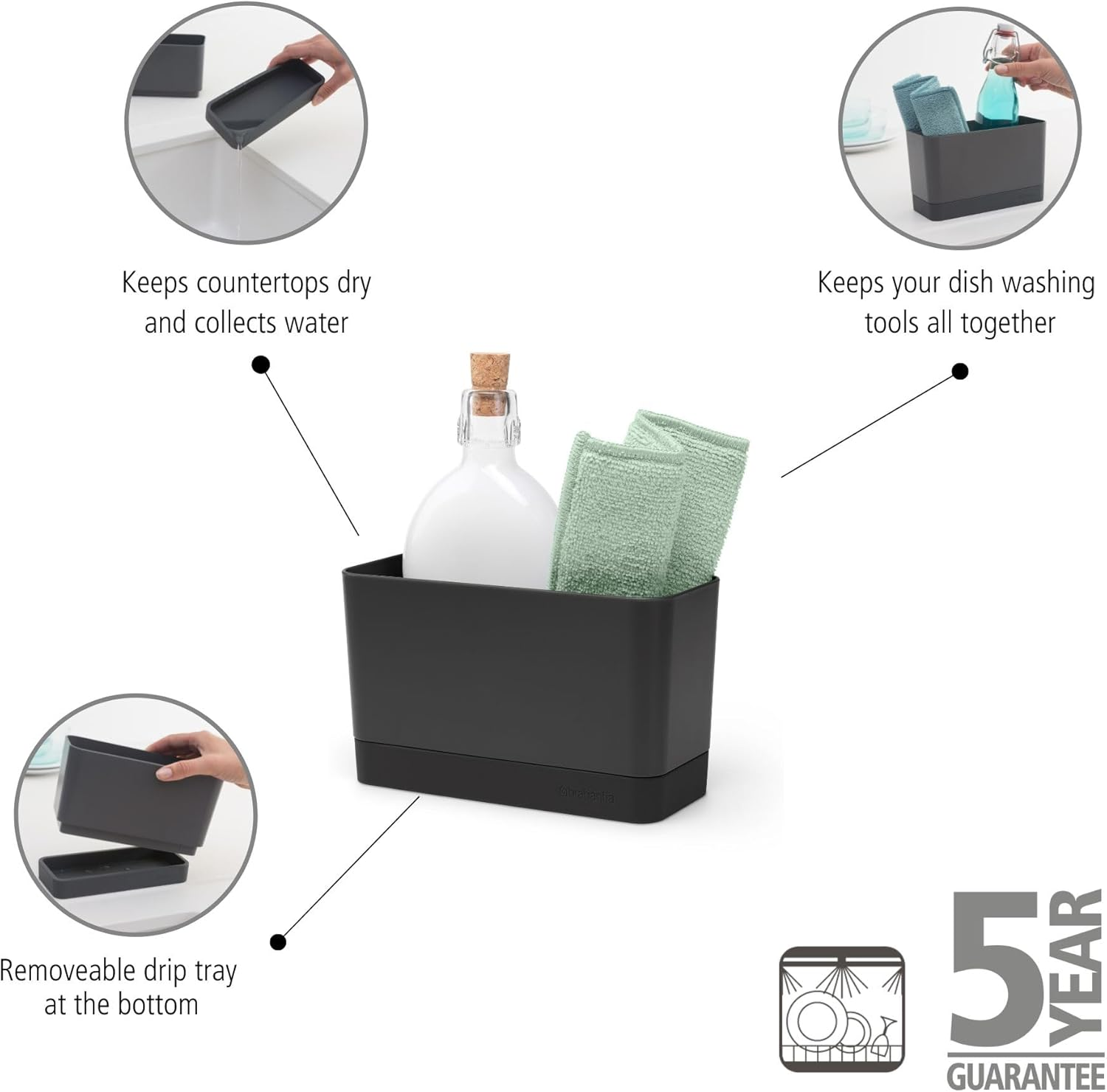 Brabantia Sink Organiser with Removable Tray, Dark Grey, 8.5 X 19 X 11.5 Cm image number 6