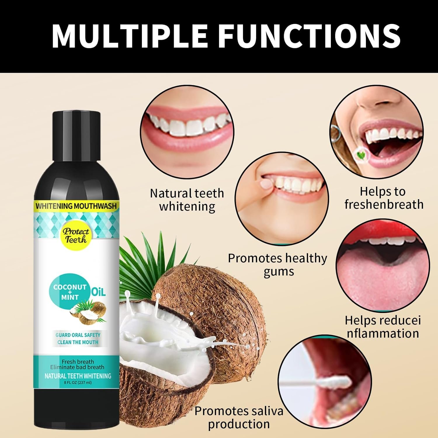 YSHIGUING 237Ml Coconut Mint Oil Pulling Mouthwash with Tongue Scraper - Natural Pulling Oil for Oral Care, Healthy Gums,Fresh Breath & Teeth Whitening image number 4