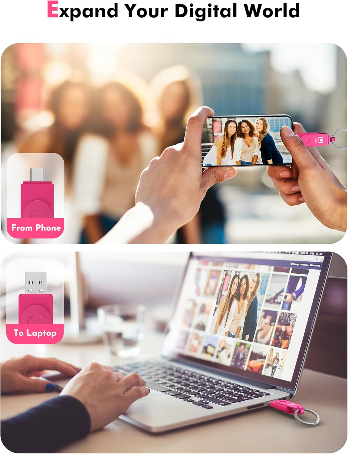 MOSDART 512GB USB3.1 Fast Speed C and a Dual Flash Drive, Exfat Memory Stick with Keychain and LED Indicator, for Iphone 15 and 16, Android Phone, Ipad, Macbook, and Other Laptops, Hot Pink image number 1