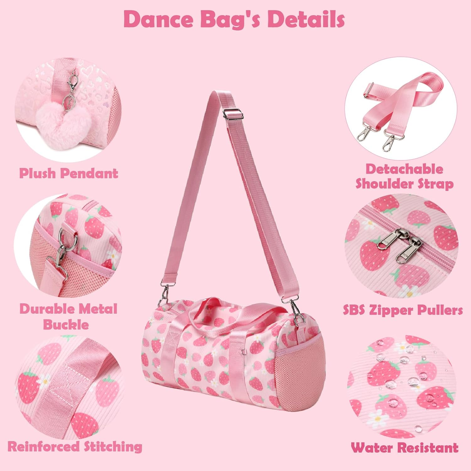 Ballet Bag for Girls, Strawberry Dance Bag with Plush Pendant Small Dance Bag Gymnastics Sport Bag Overnight Travel Sleepover Bags with Wet and Dry for Toddler Girls Age 4-6 image number 1