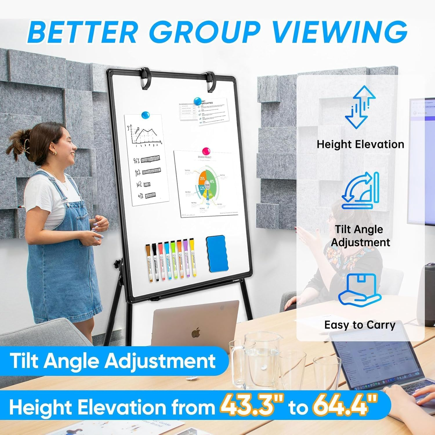 Homodoskey White Board with Stands 36" X 24" Whiteboard Easel Standing Magnetic Dry Erase Board Portable Tripod Height Adjustable Easel for Office School Home 8 Markers 8 Magnets 1 Eraser (Black)