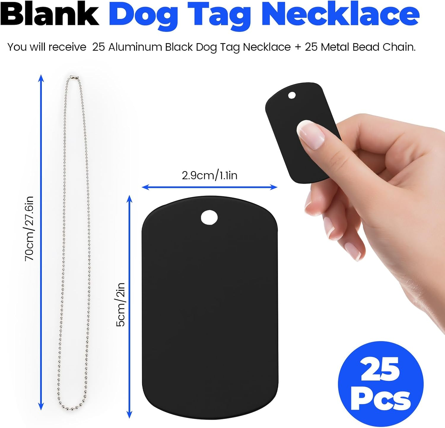 Sekonow Military Dog Tags Set, 25 Aluminum Blank Dog Tag Necklace + 25 Metal Bead Chain, Smooth Edge Rectangle Laser Engraving Labels for Army, DIY Craft, Black image number 1