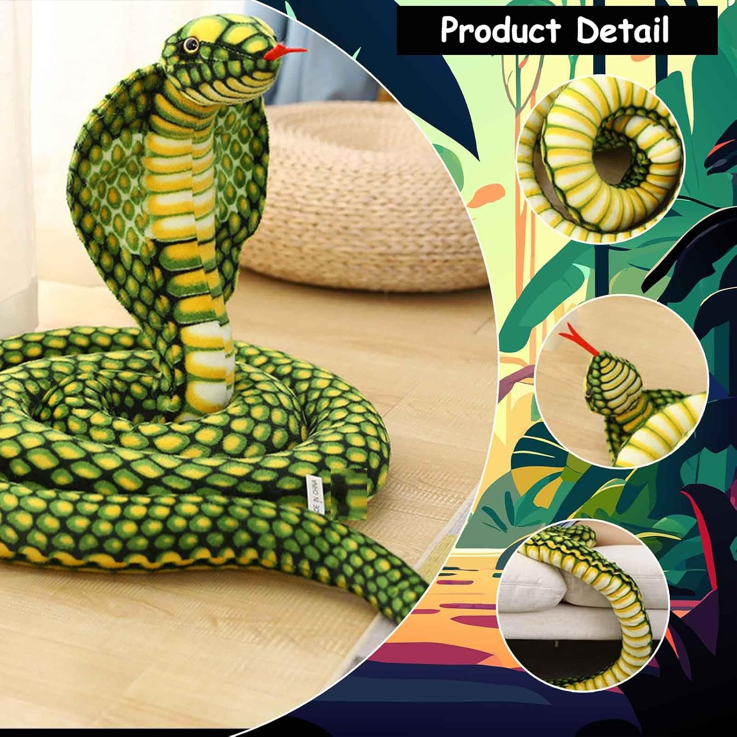 67 Inch Realistic Eyed Cobra Plush Toy,Large Snake Stuffed Animal for Pranks,Parties,And Decor(Green) image number 4
