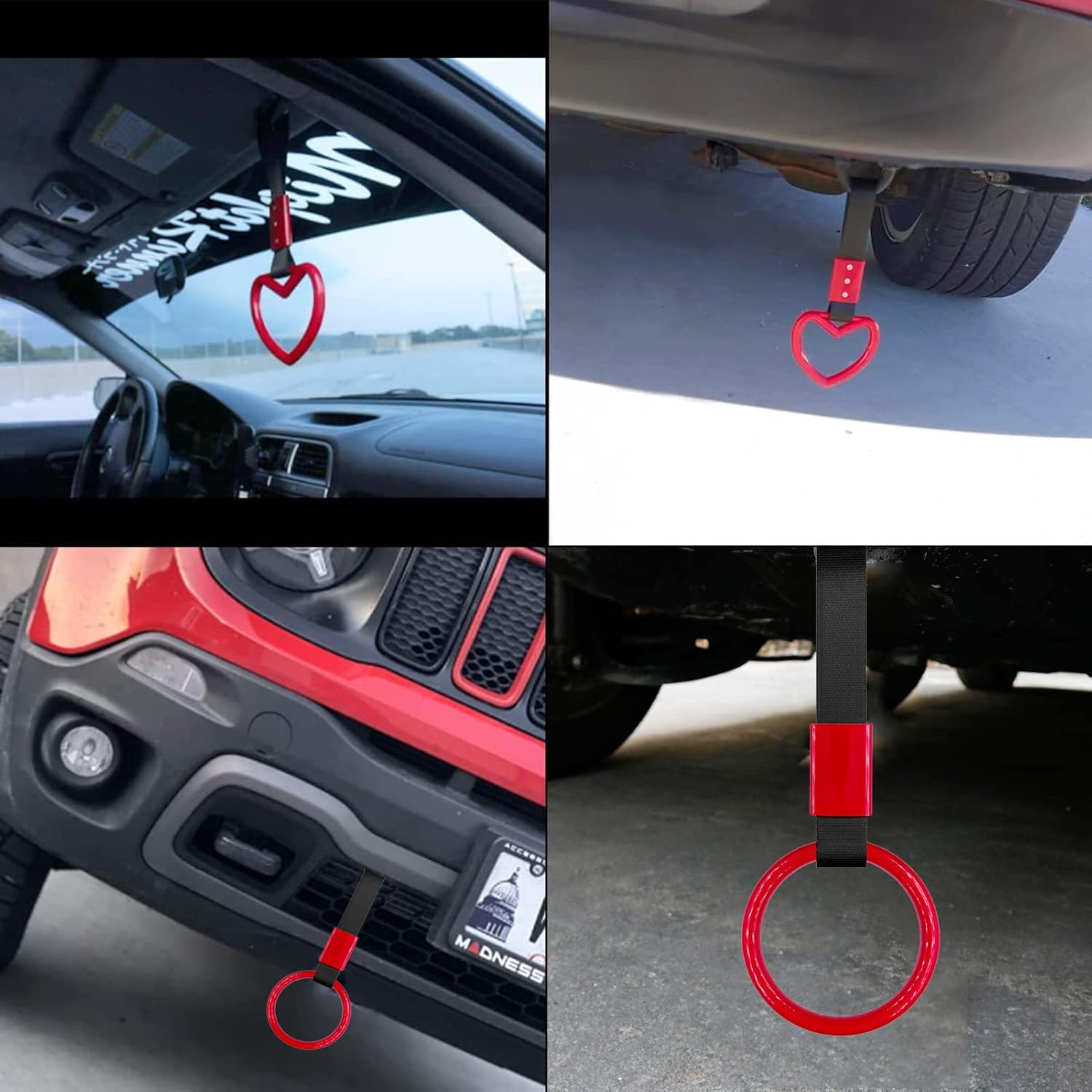 Betterjonny 4 Pieces Tsurikawa round Heart-Shaped Car Hand Straps, ABS Ring Heart-Shaped Car Hand Strap Decorative Warning Loops with Screwdriver for Car Motorcycle Interior Exterior Decoration (Red) image number 1