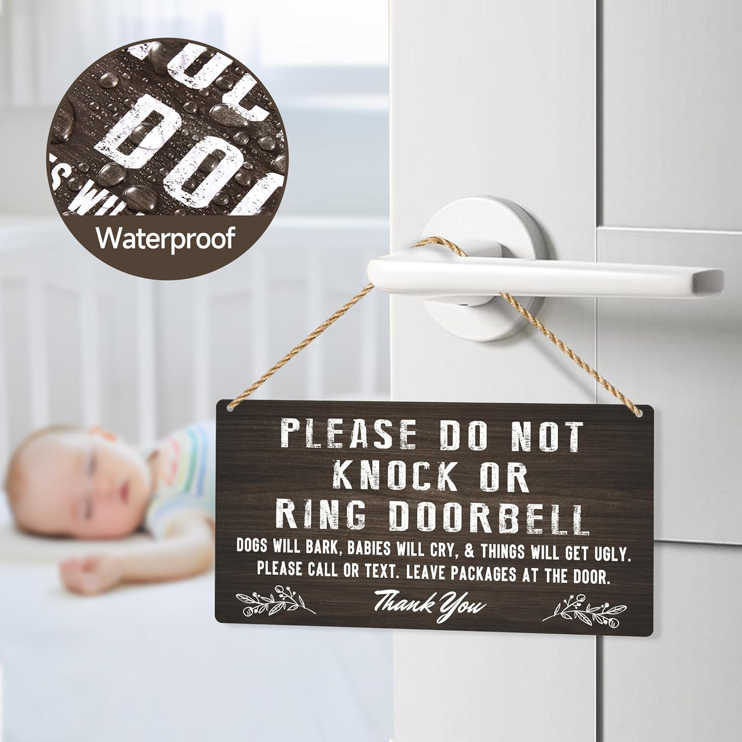 Do Not Knock Baby Sleeping Sign for Front Door, Double-Sided PVC Rustic Please Do Not Ring Doorbell No Soliciting Hanging Sign for Home, House, Office, Business（Without Ropes） image number 3