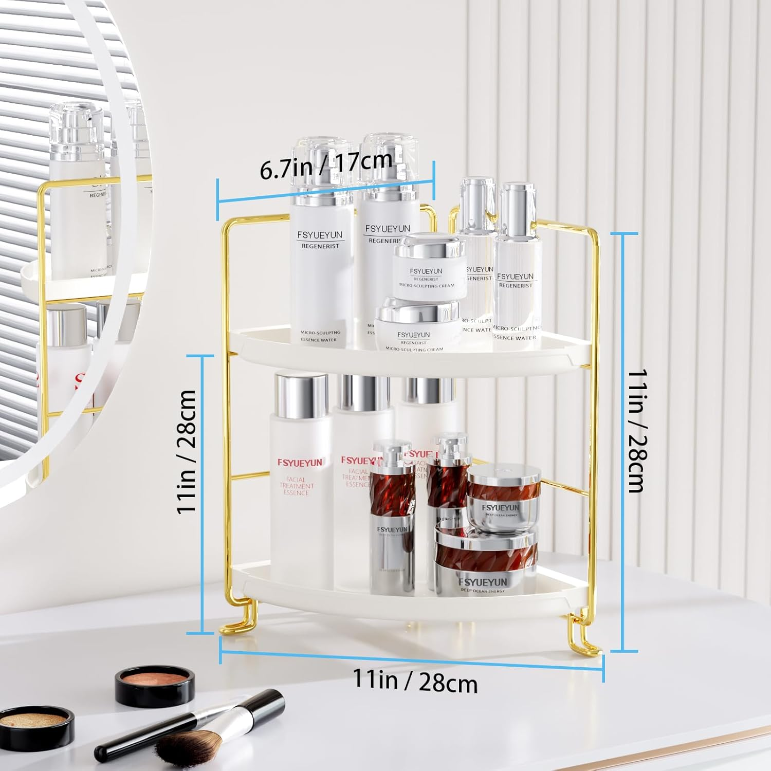 Fsyueyun 2-Tier Corner Bathroom Countertop Organizer, Kitchen Spice Rack Makeup Storage Shelf Vanity Bedroom Storage Tray (Gold) image number 4