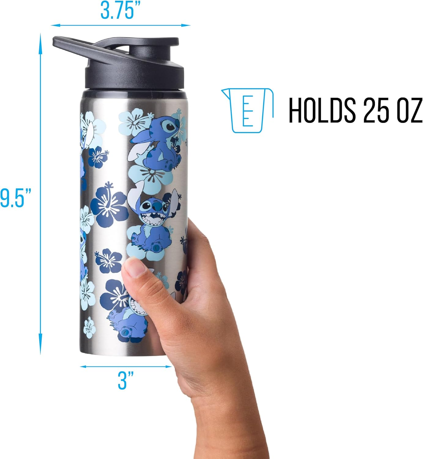 Silver Buffalo Disney Lilo and Stitch Double Walled Stainless Steel Water Bottle, 25 Ounces