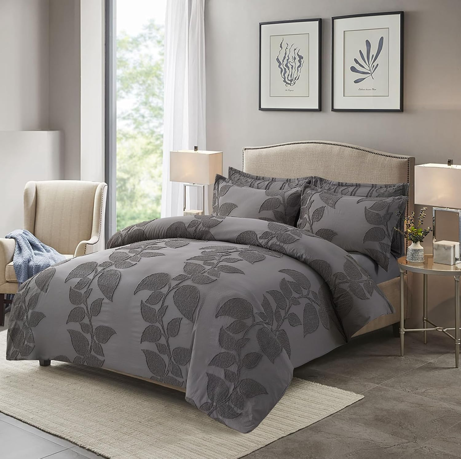 Techshing 3-Pieces Doona Cover Set, Dark Grey Microfiber Quilt Cover with Pillowcases, 3D Embossed Leaf Modern & Soft Bedding - Double/Full (US Size: 203X229Cm) image number 4