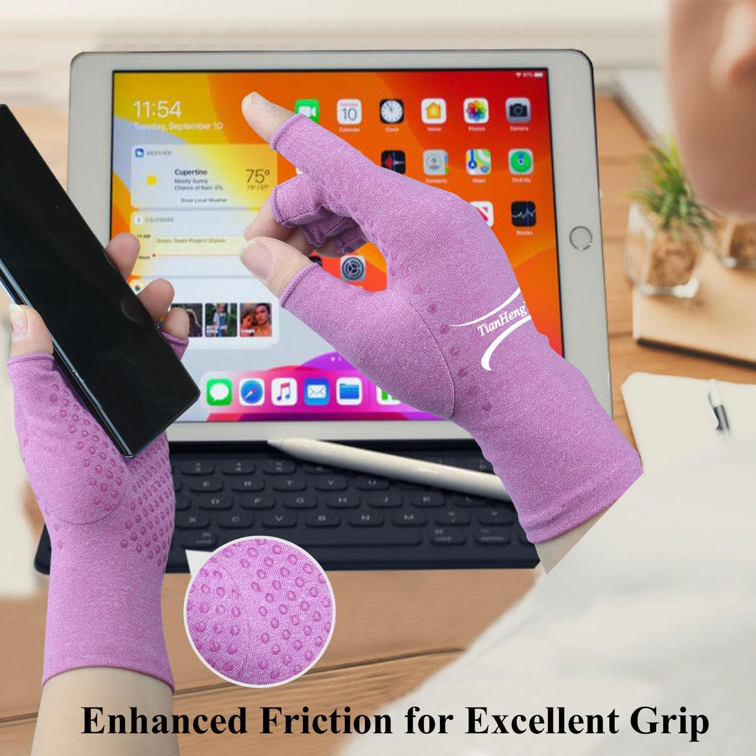 2 Pairs Arthritis Gloves for Women Men, Fingerless Compression Gloves for Hand Pain, Carpal Tunnel, Non Slip Dots image number 3